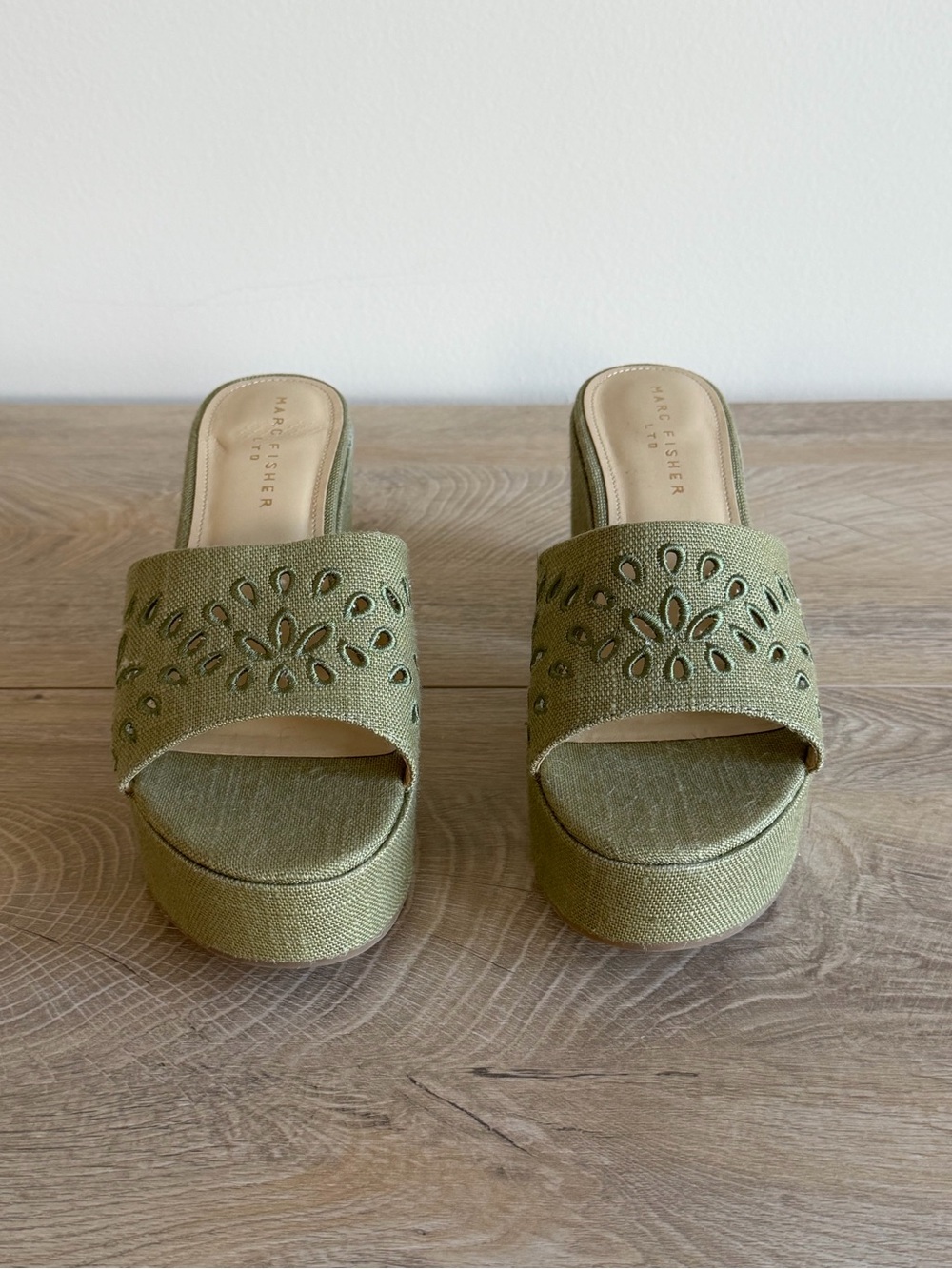Marc Fisher Olive Green Laser-Cut Platform Slide Mules